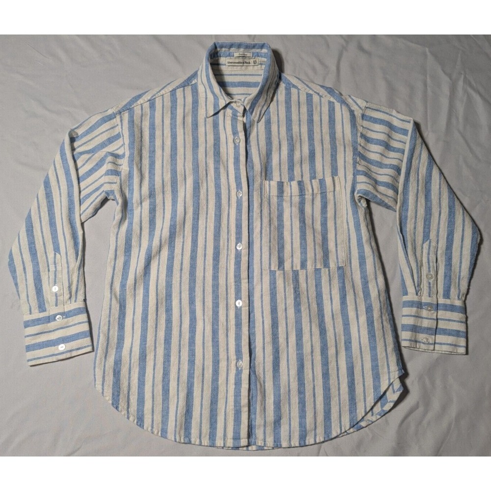ABERCROMBIE & FITCH OVERSIZED Women XXS LINEN BLEND Blue White Striped Shirt